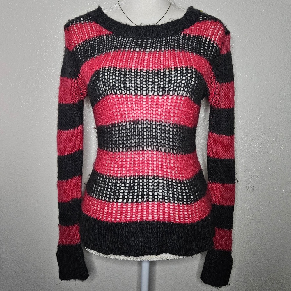 Y2k Red Pink and Dark Gray Striped Open Knit Grunge Sweater